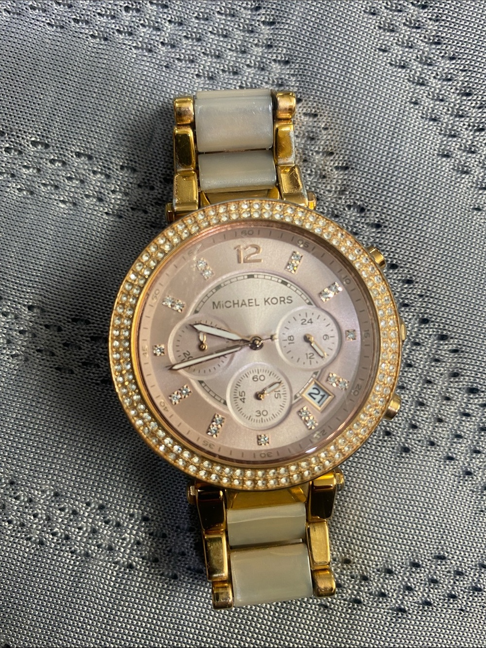 Michael Kors Gold Tone Watch with Pearl White Links and Pink Dial